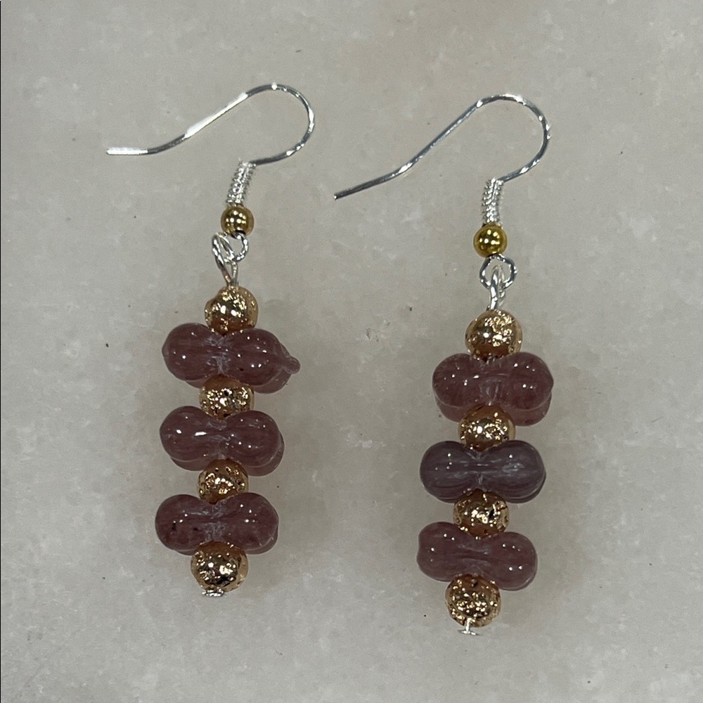 Sterling Silver 18k Gold Purple Glass Beaded Earrings